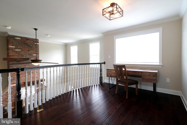 hallway featuring dark hardwood / wood-style floors and ornamental molding