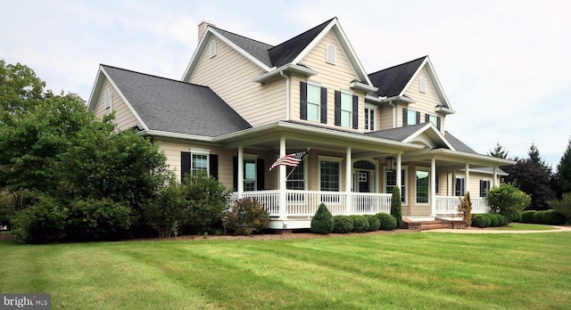 view of front of property featuring covered porch and a front yard