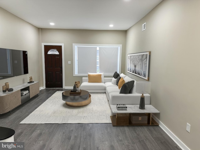 living room with dark wood-type flooring