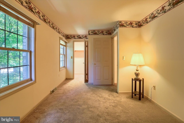 hall featuring light carpet and a wealth of natural light