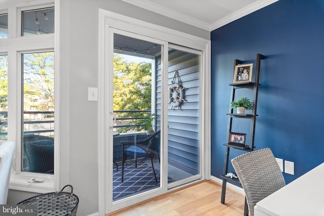 entryway with hardwood / wood-style floors and crown molding