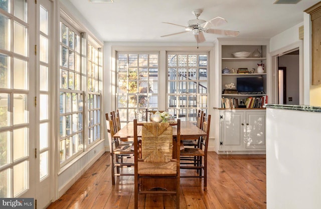 sunroom / solarium with ceiling fan and a healthy amount of sunlight