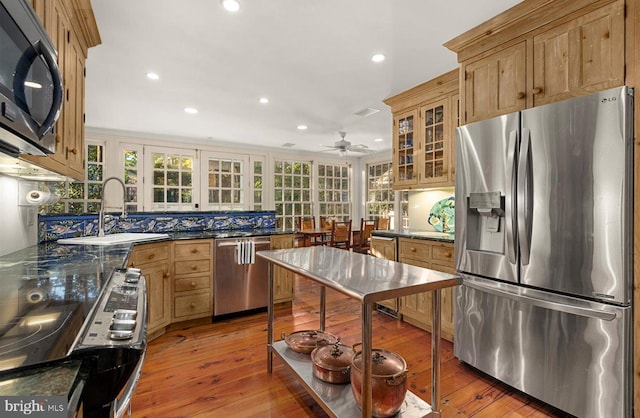 kitchen featuring hardwood / wood-style floors, ceiling fan, sink, and stainless steel appliances