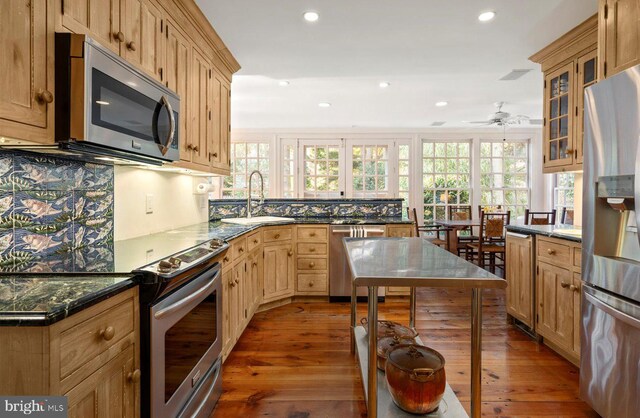 kitchen featuring dark hardwood / wood-style floors, sink, stainless steel appliances, and light brown cabinetry