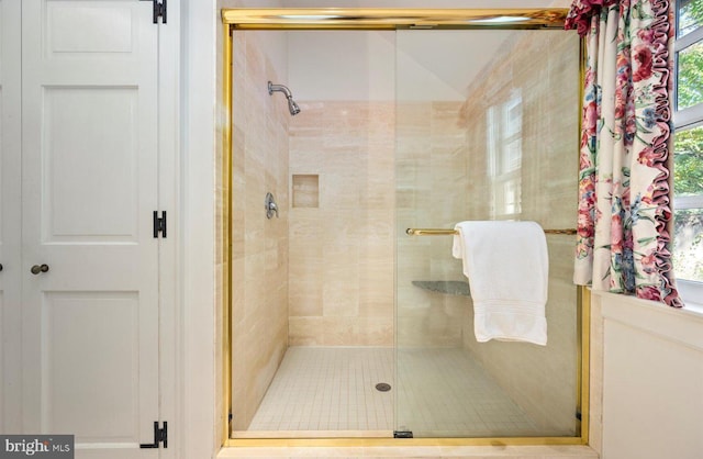 bathroom featuring a shower with door