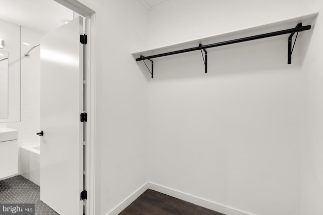 walk in closet with dark hardwood / wood-style flooring