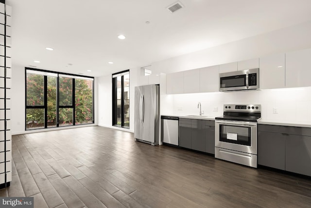 kitchen featuring decorative backsplash, dark wood-type flooring, white cabinets, stainless steel appliances, and sink