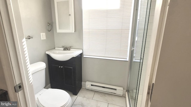 bathroom featuring vanity, toilet, a shower with door, and a baseboard heating unit