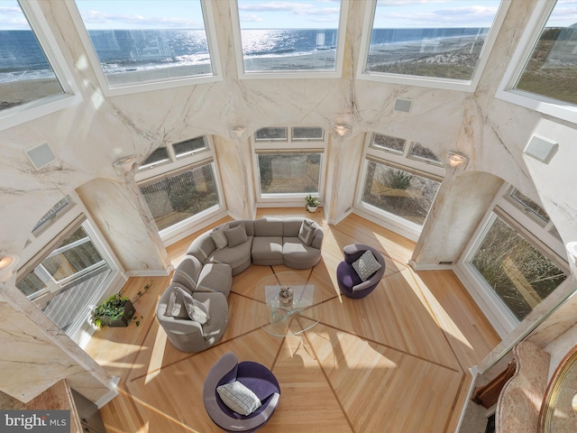 sunroom with a water view