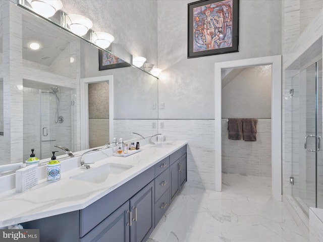 40110 Owens Ct, Fenwick Island, DE 19944 - full bath featuring a sink, a shower stall, marble finish floor, and double vanity