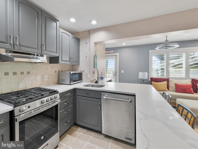 kitchen with gray cabinets, appliances with stainless steel finishes, sink, and a healthy amount of sunlight