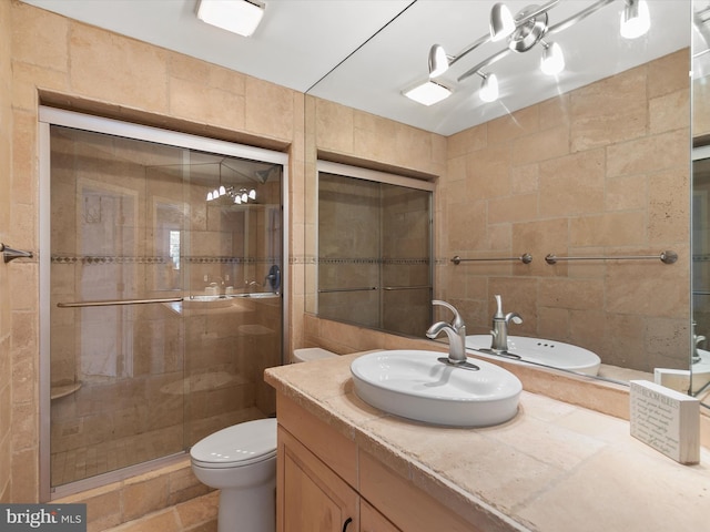 bathroom featuring vanity, tile walls, a shower with shower door, and toilet