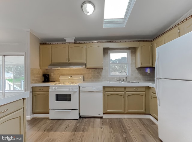 kitchen featuring sink, light hardwood / wood-style floors, decorative backsplash, and white appliances