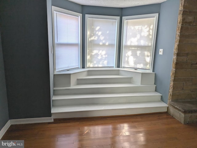 room details featuring a textured ceiling, baseboards, and wood finished floors