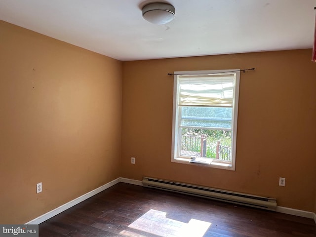 unfurnished room with dark wood-type flooring and a baseboard radiator