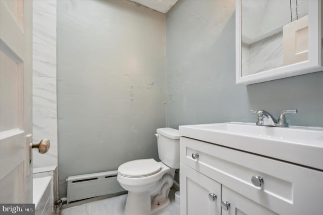 bathroom featuring vanity, toilet, and a baseboard radiator