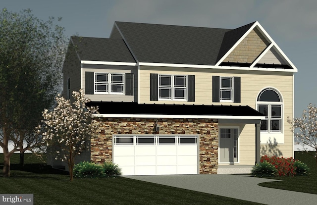 view of front facade featuring a garage, a front yard, driveway, and stone siding
