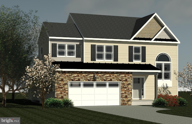 view of front of property featuring an attached garage, stone siding, and driveway