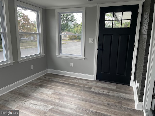 foyer featuring light hardwood / wood-style flooring, crown molding, and a wealth of natural light