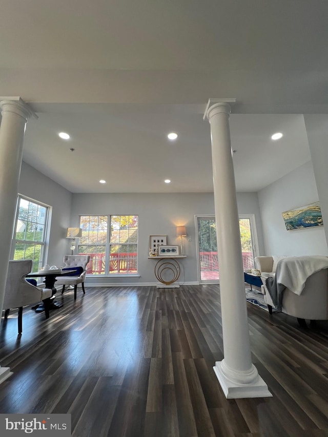 living room featuring ornate columns and dark hardwood / wood-style floors