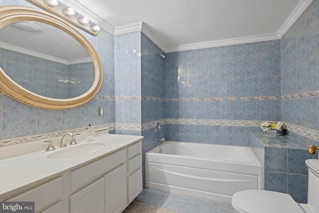 bathroom with shower / tub combination, crown molding, tile walls, and toilet