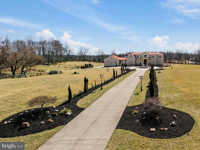 view of property's community with a lawn and a rural view