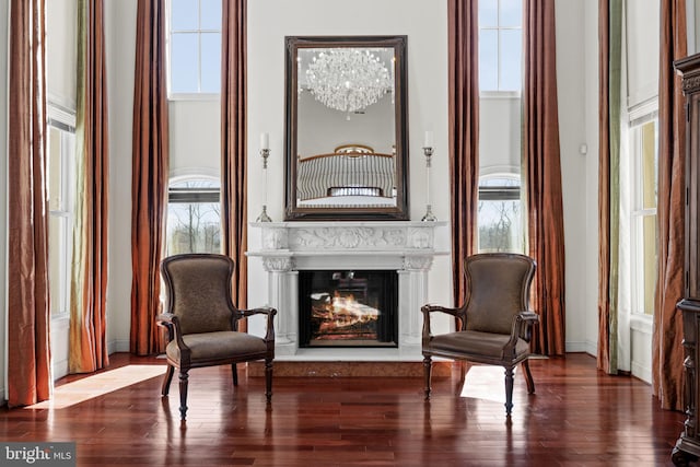 living area with a glass covered fireplace and wood finished floors