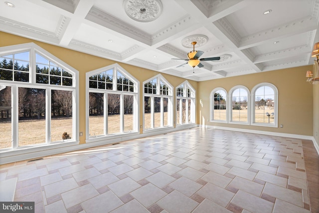 unfurnished sunroom featuring a ceiling fan, visible vents, beamed ceiling, and coffered ceiling