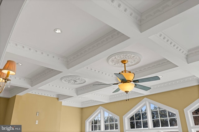 details with coffered ceiling, beam ceiling, and recessed lighting