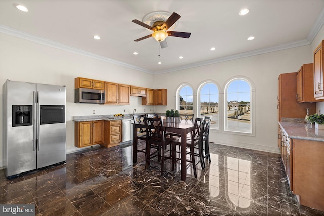 dining area featuring recessed lighting, a ceiling fan, baseboards, marble finish floor, and crown molding