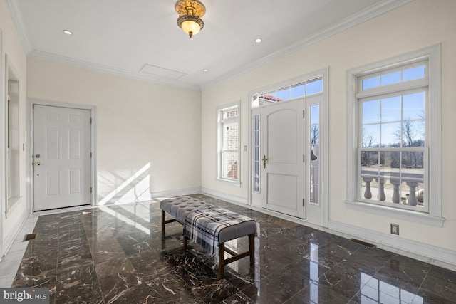 foyer entrance featuring visible vents, baseboards, ornamental molding, marble finish floor, and recessed lighting