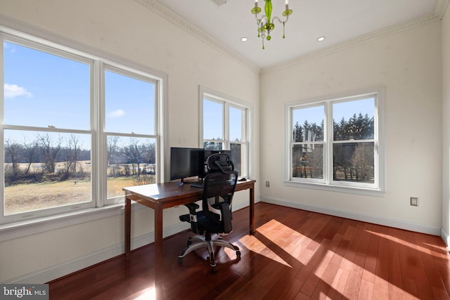 office area featuring recessed lighting, crown molding, baseboards, and hardwood / wood-style flooring