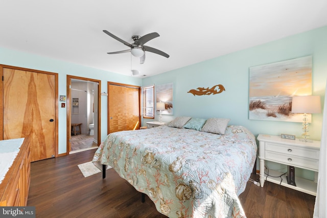 bedroom featuring connected bathroom, ceiling fan, and dark hardwood / wood-style flooring