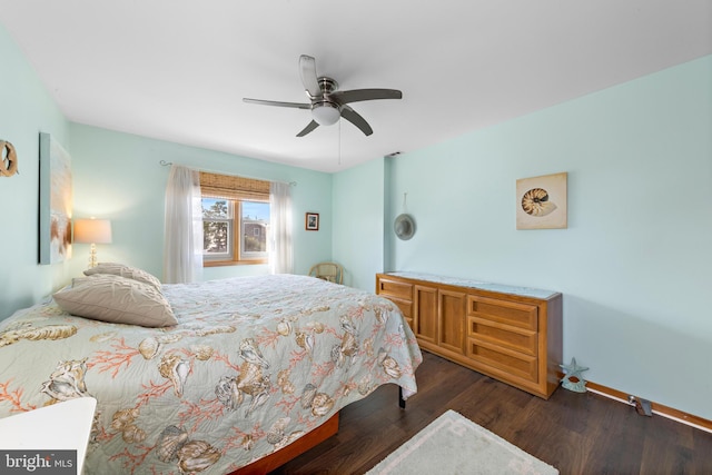 bedroom featuring dark hardwood / wood-style floors and ceiling fan