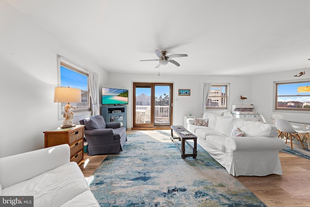 living room with hardwood / wood-style flooring and ceiling fan