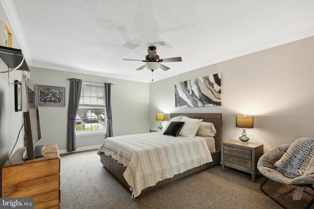 carpeted bedroom with ornamental molding, a textured ceiling, and ceiling fan