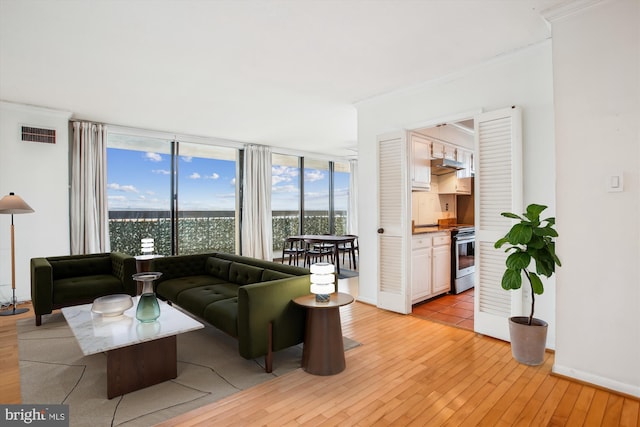 living room with light wood-style floors, baseboards, visible vents, and ornamental molding