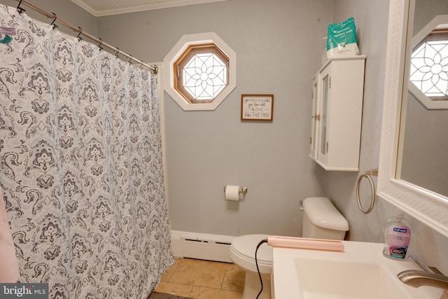 bathroom with walk in shower, ornamental molding, baseboard heating, sink, and toilet