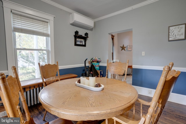 dining room with dark hardwood / wood-style floors, an AC wall unit, and ornamental molding