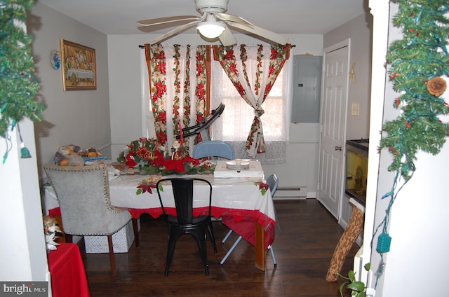 dining room with ceiling fan, a baseboard heating unit, electric panel, and dark hardwood / wood-style floors