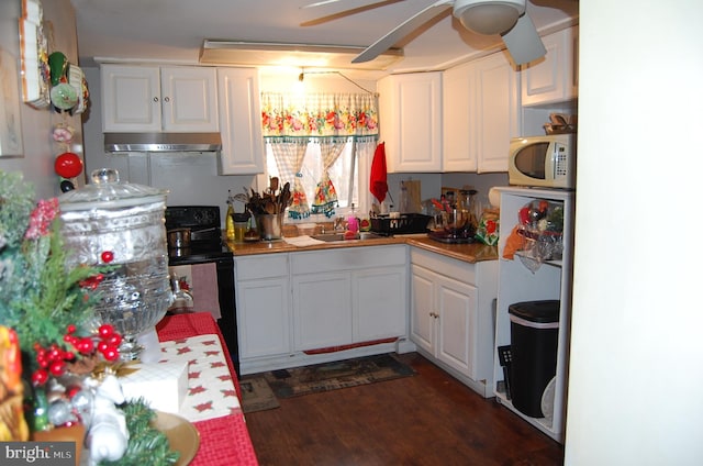 kitchen featuring ventilation hood, sink, white cabinets, and black range with electric cooktop