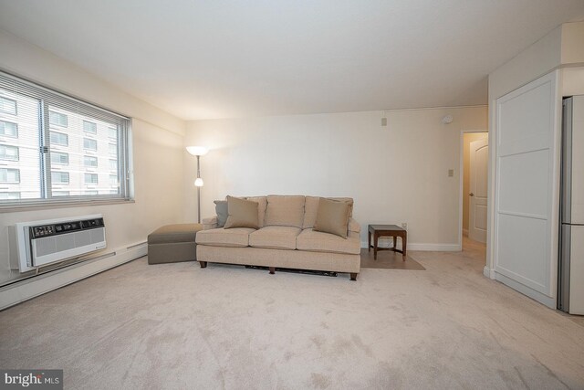 living room featuring an AC wall unit, light carpet, and a baseboard heating unit