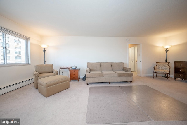 carpeted living room with a baseboard radiator