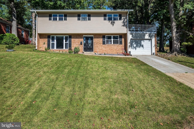 view of front of house with a balcony and a front lawn