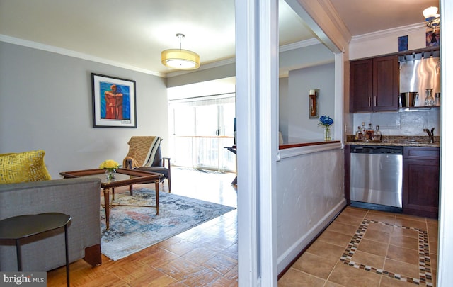 kitchen featuring ornamental molding, dark brown cabinets, light parquet floors, and dishwasher