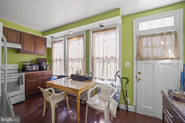 kitchen with dark hardwood / wood-style floors, white electric range oven, and refrigerator