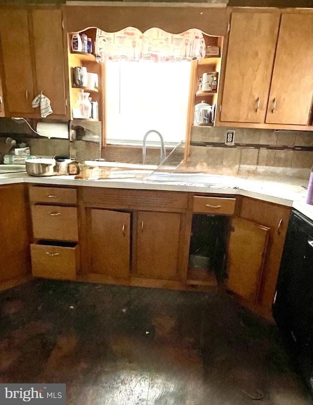 646 Nicktown Hill Rd, Northern Cambria, PA 15714 - kitchen featuring open shelves, light countertops, and brown cabinetry
