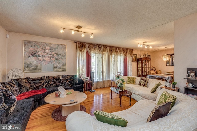 living room featuring a chandelier, a textured ceiling, hardwood / wood-style flooring, and track lighting