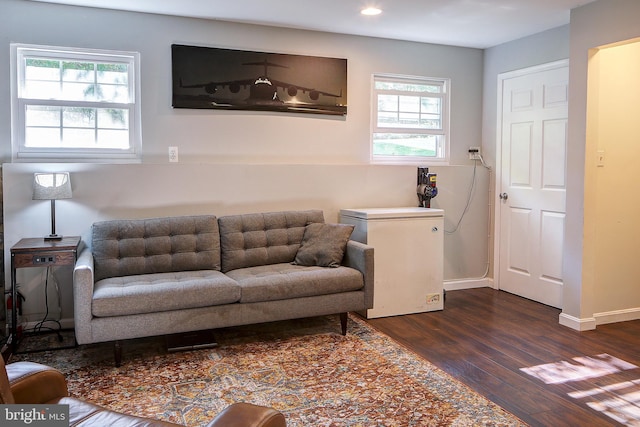 living room featuring plenty of natural light and dark wood-type flooring