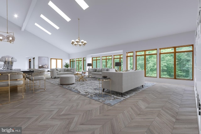 living room featuring parquet floors, a skylight, a notable chandelier, and high vaulted ceiling